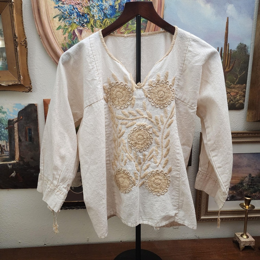 Vintage Hand Embroidered Boho Tunic Top‎ Beige Cotton Neutral S M Boho Style